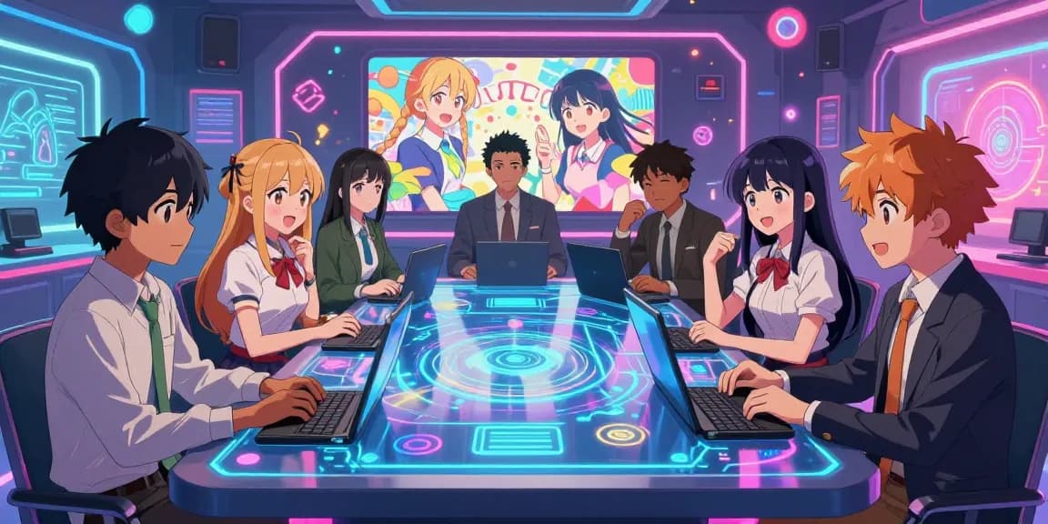 Dynamic ecchi chat scene with colorful anime characters in virtual space, inviting interaction.
