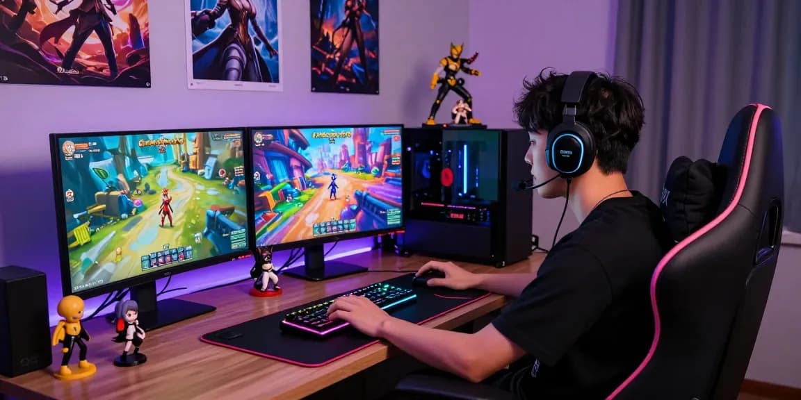 Gamer immersed in hentai games at modern setup with RGB lighting and colorful graphics