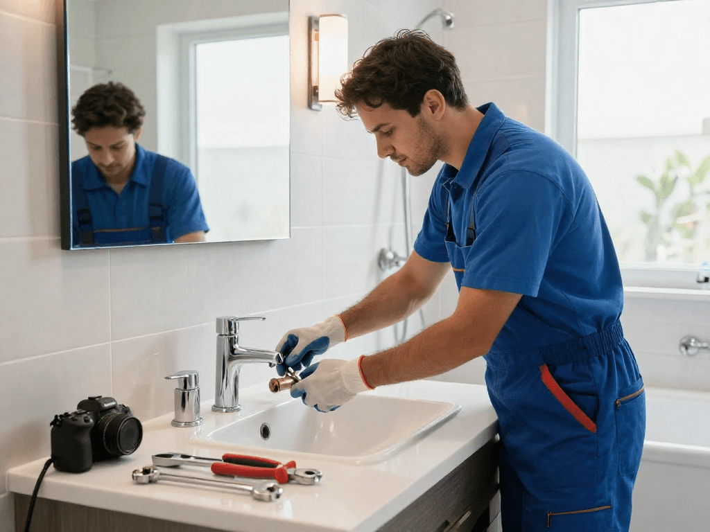 Professional plumber enhancing a stylish bathroom sink in Fort Worth, showcasing expert plumbing service Fort Worth.