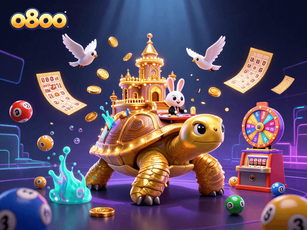 Experience the excitement of o8oo with dynamic lottery elements and a rabbit dealer amidst a vibrant casino scene.