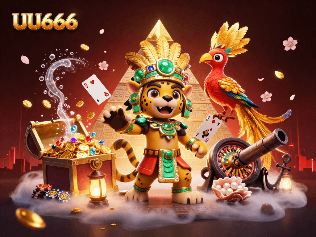 Experience the excitement of UU666 in this vibrant 3D illustration filled with dynamic casino elements.