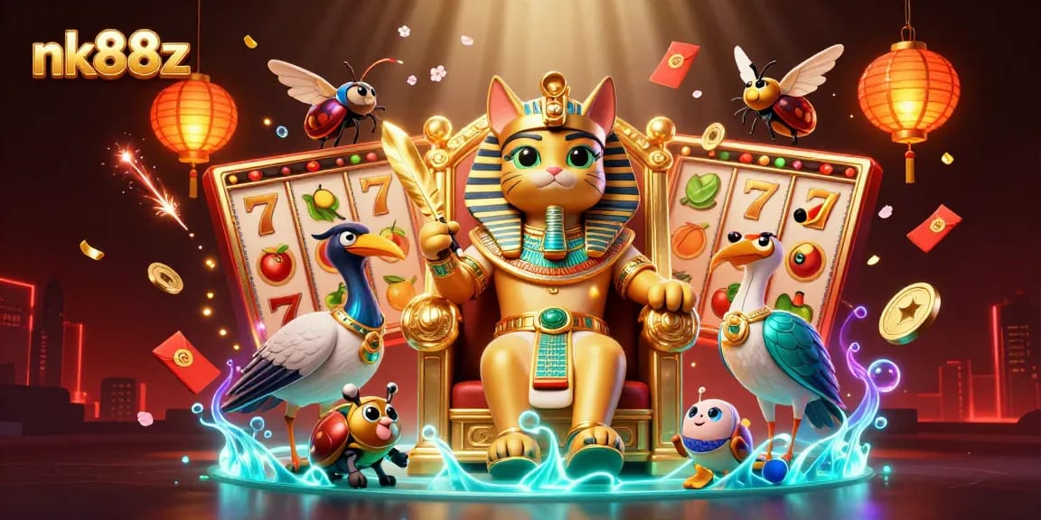 Spin jackpots and win at nk88z with a vibrant, 3D Egyptian-themed casino illustration.