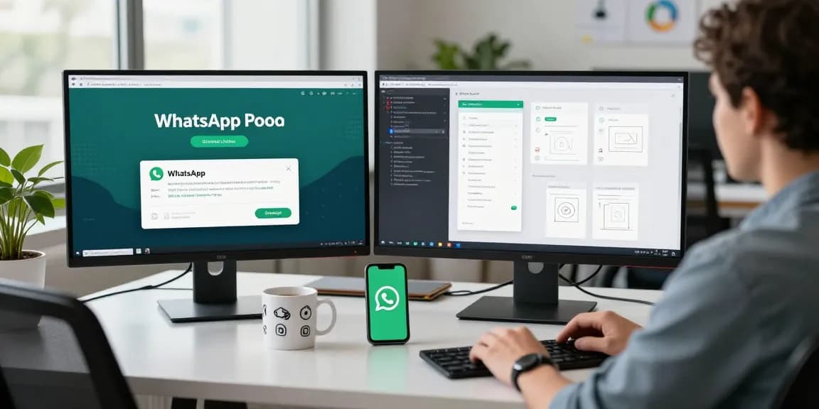 WhatsApp下載 page displayed on a developer's monitor in a modern workspace.