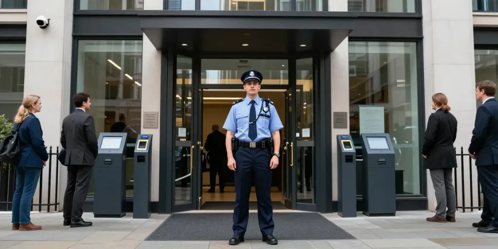 Security guard ensuring safety at a local London office building.