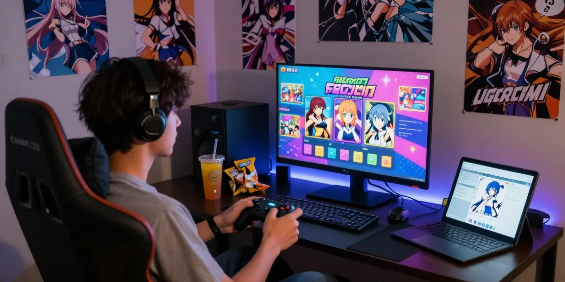 Player immersed in a free ecchi game experience in a cozy gaming setup.