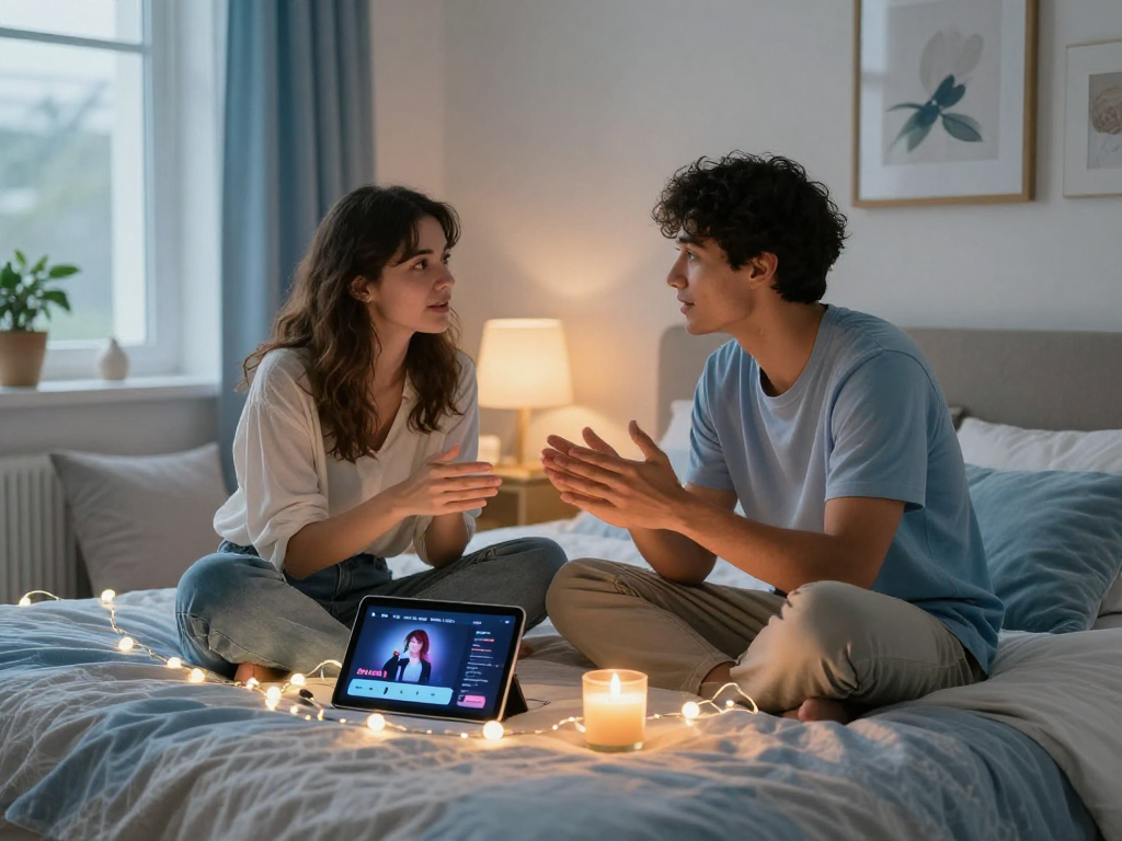 Young couple exploring intimacy with sex AI technology in a cozy bedroom.