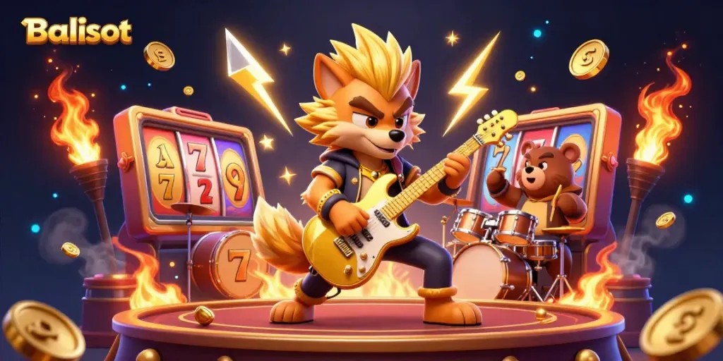 Balislot Casino Experience with a rock star wolf and a bear drummer amidst vibrant slot game elements.