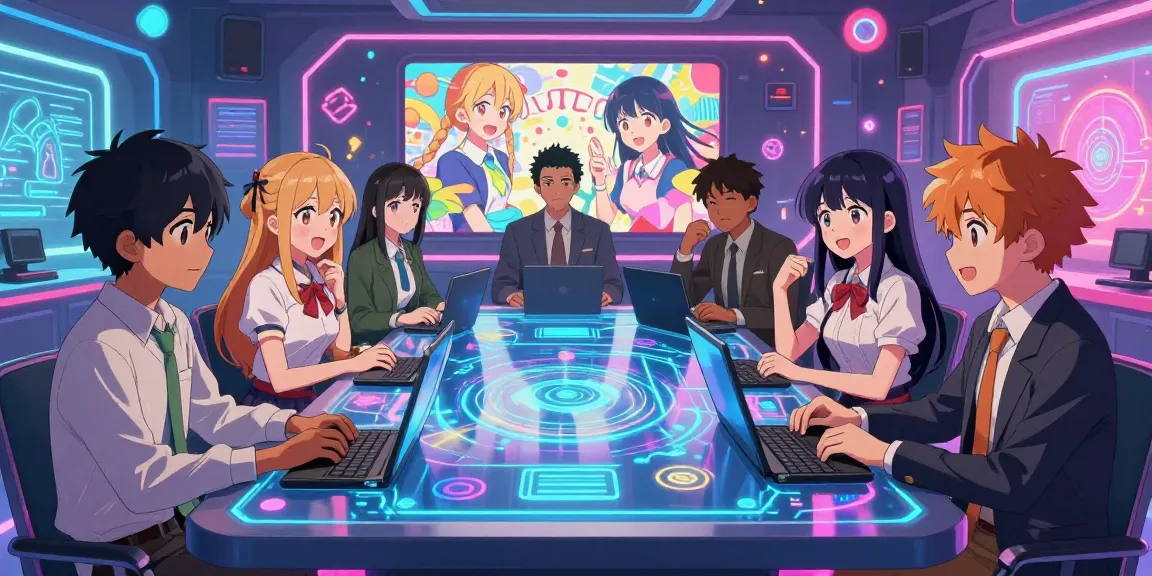 Dynamic ecchi chat scene with colorful anime characters in virtual space, inviting interaction.