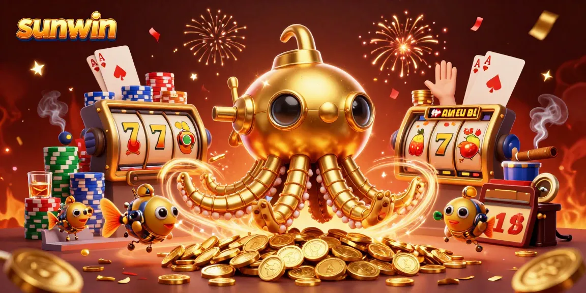 Experience thrilling winnings at sunwin with a golden kraken submarine amid a colorful casino scene.