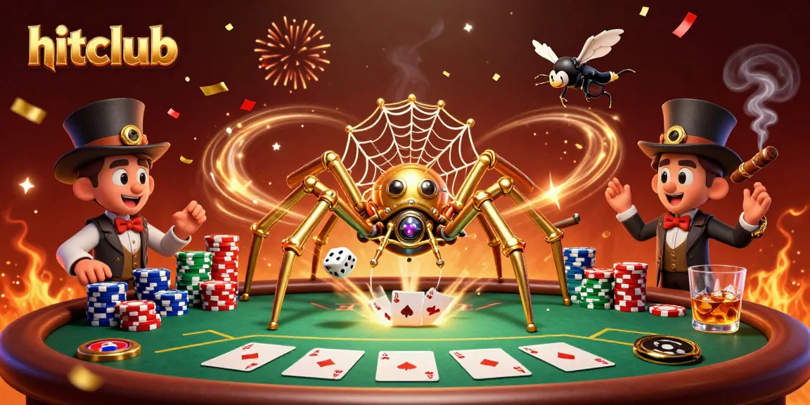 Join hitclub's thrilling games, with a whimsical 3D scene of poker and a steampunk spider.