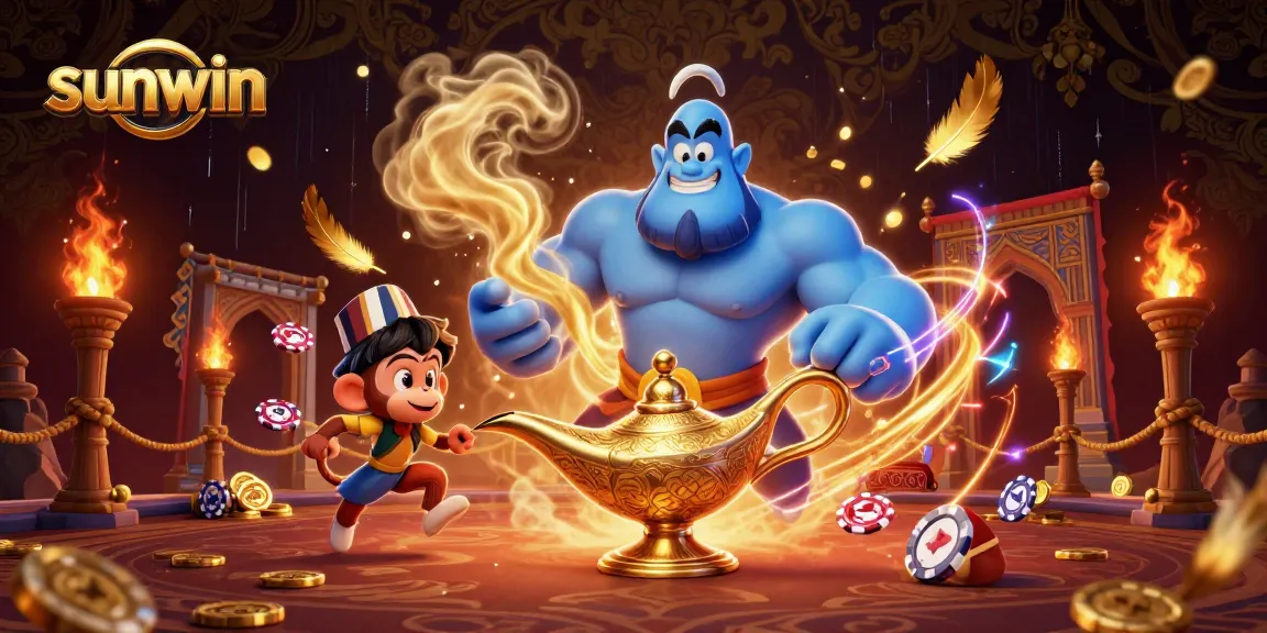 Win big at Sunwin with a dynamic scene of a genie, monkey, and magic carpet among golden tokens and vibrant casino elements.