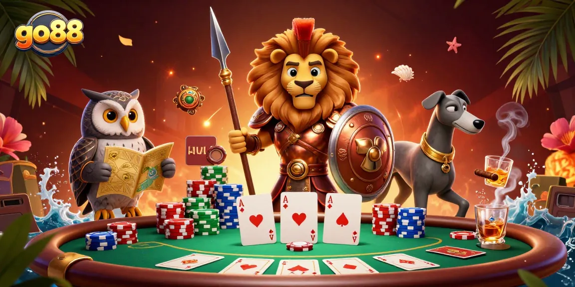 Experience the excitement of go88's vibrant casino scene with a heroic lion and dynamic characters.
