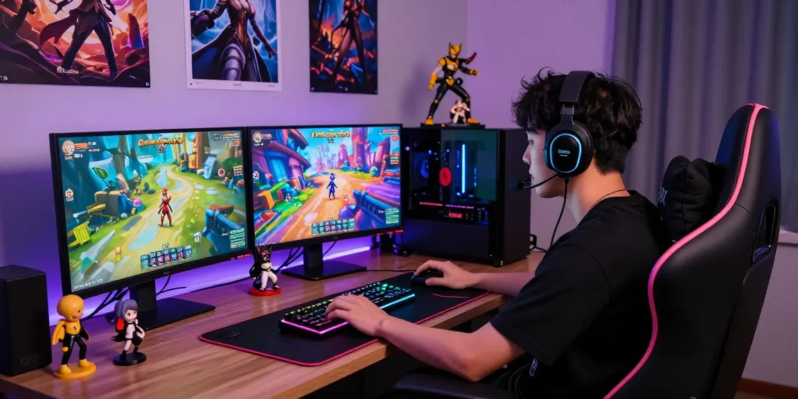 Gamer immersed in hentai games at modern setup with RGB lighting and colorful graphics