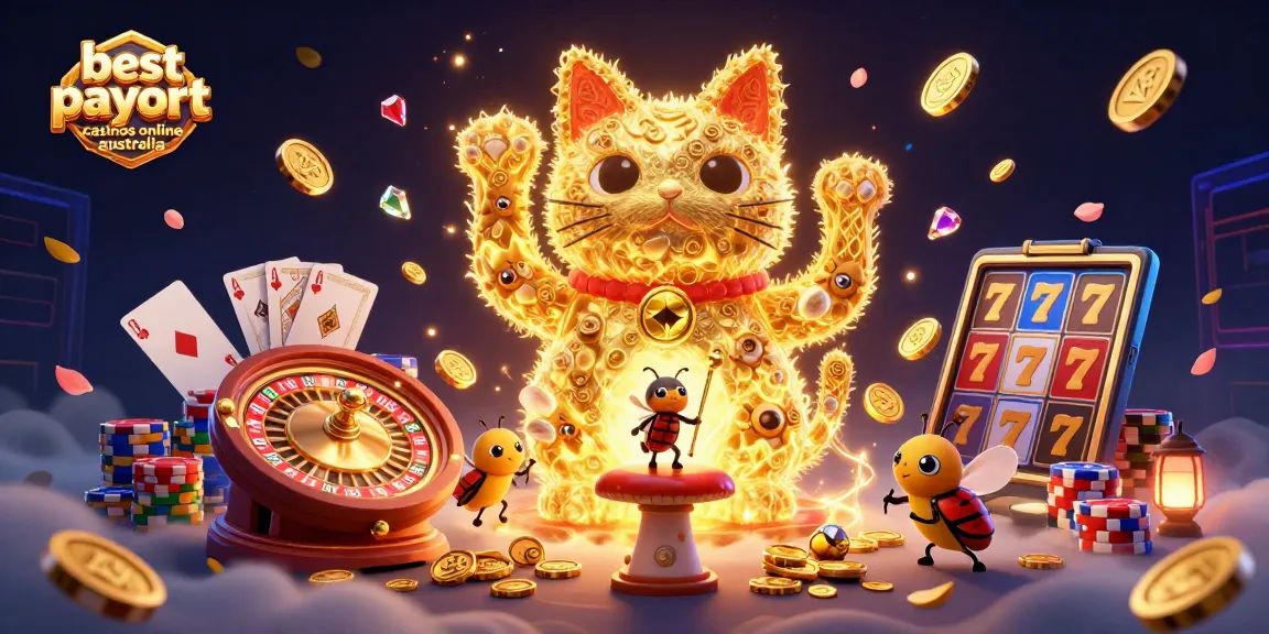 Experience the magic of best payout casinos online Australia with vibrant casino elements and a lucky cat symbolizing fortune.