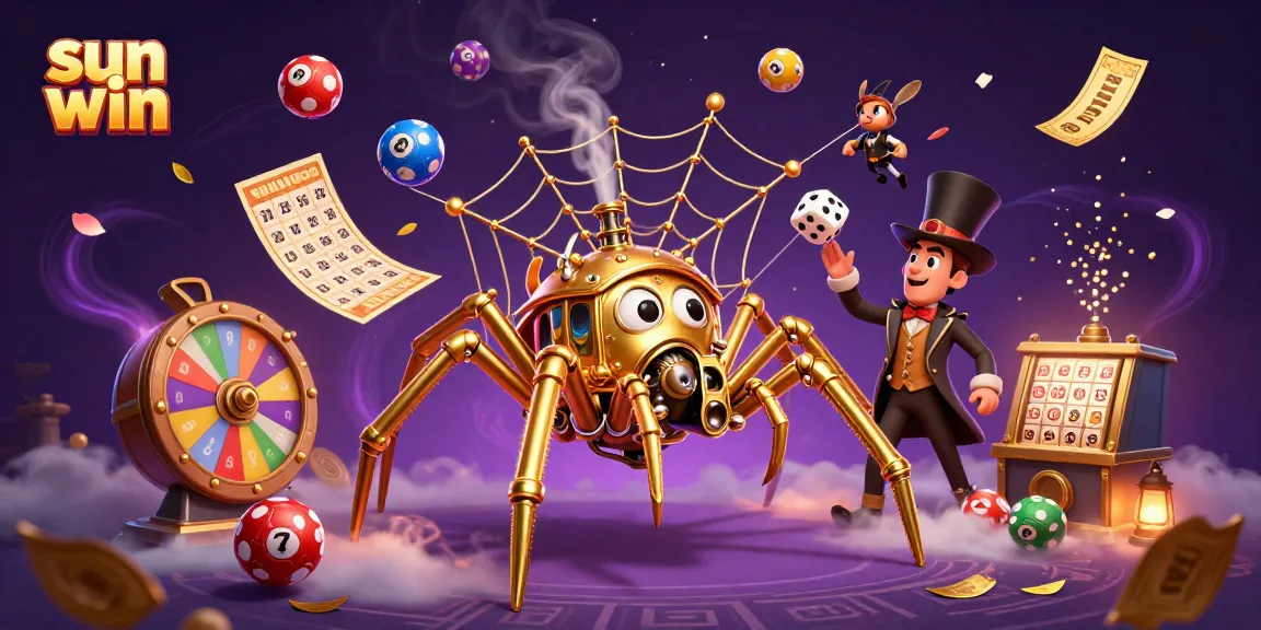 Experience thrilling gameplay at Sun Win with a lively 3D illustration of a steampunk spider and dynamic lottery elements.