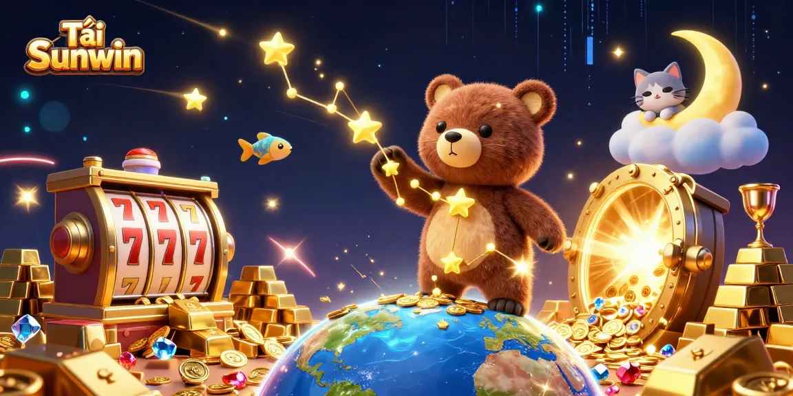 Tải Sunwin brings excitement with a cosmic bear scooping coins amidst captivating casino elements.