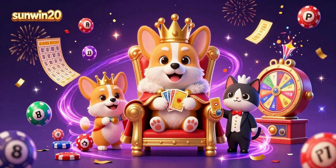Experience the thrill of sunwin20 with vibrant casino elements and royal corgi characters.