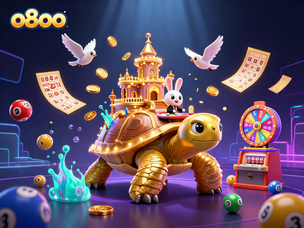 Experience the excitement of o8oo with dynamic lottery elements and a rabbit dealer amidst a vibrant casino scene.