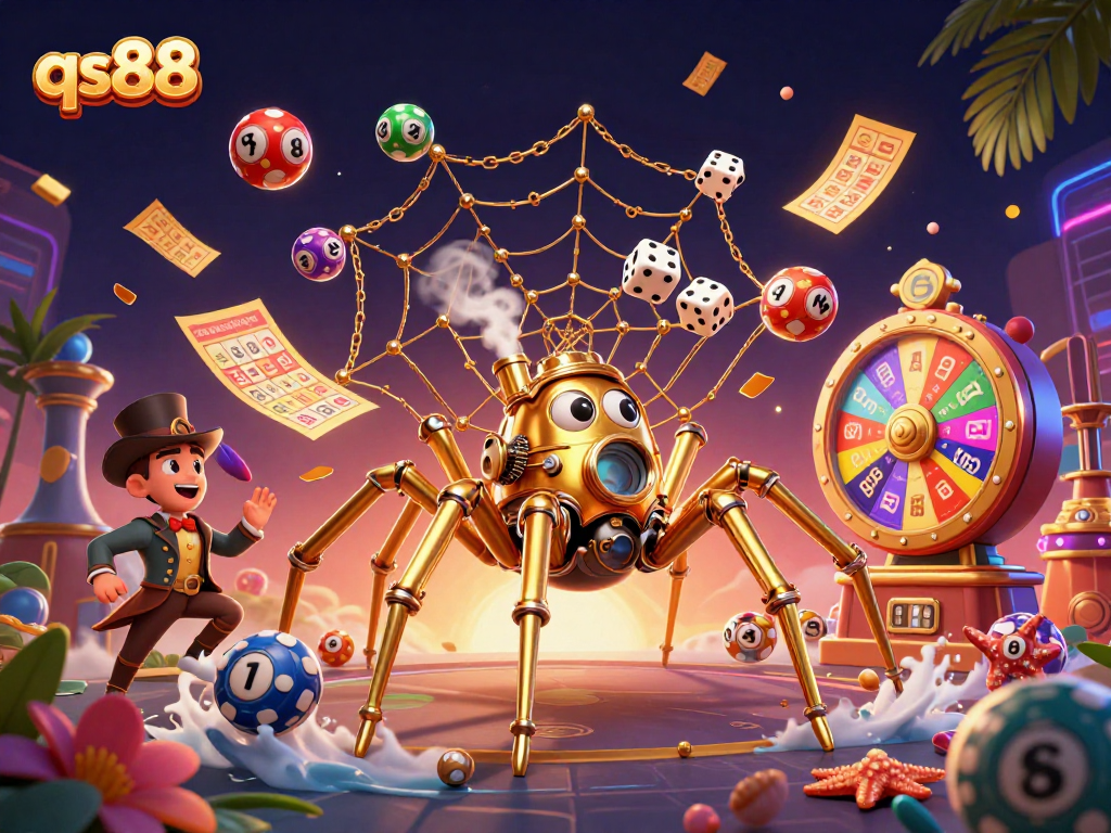 Engage with qs88 through a colorful lottery-themed illustration showcasing vibrant game elements.
