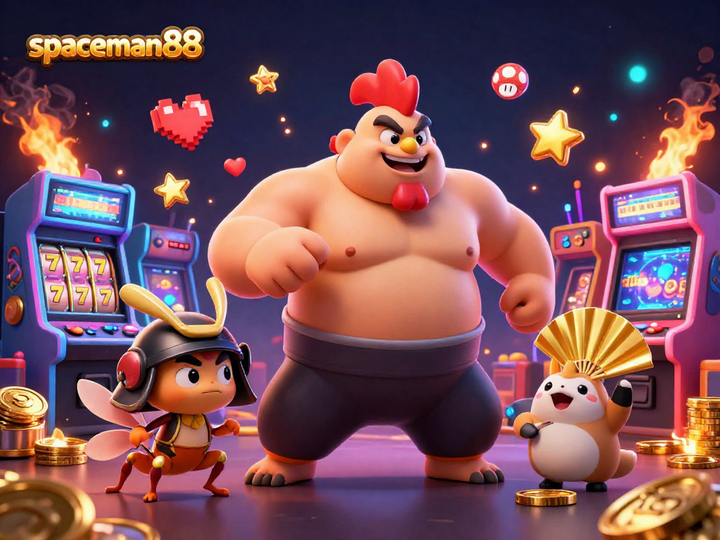 Play slots at spaceman88 with vibrant characters in a dynamic casino gaming scene.