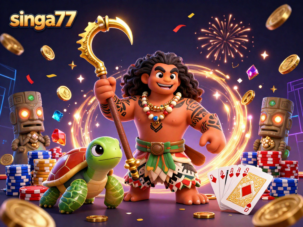 Singa77 ignites excitement in a vibrant casino scene with dynamic characters and gambling elements