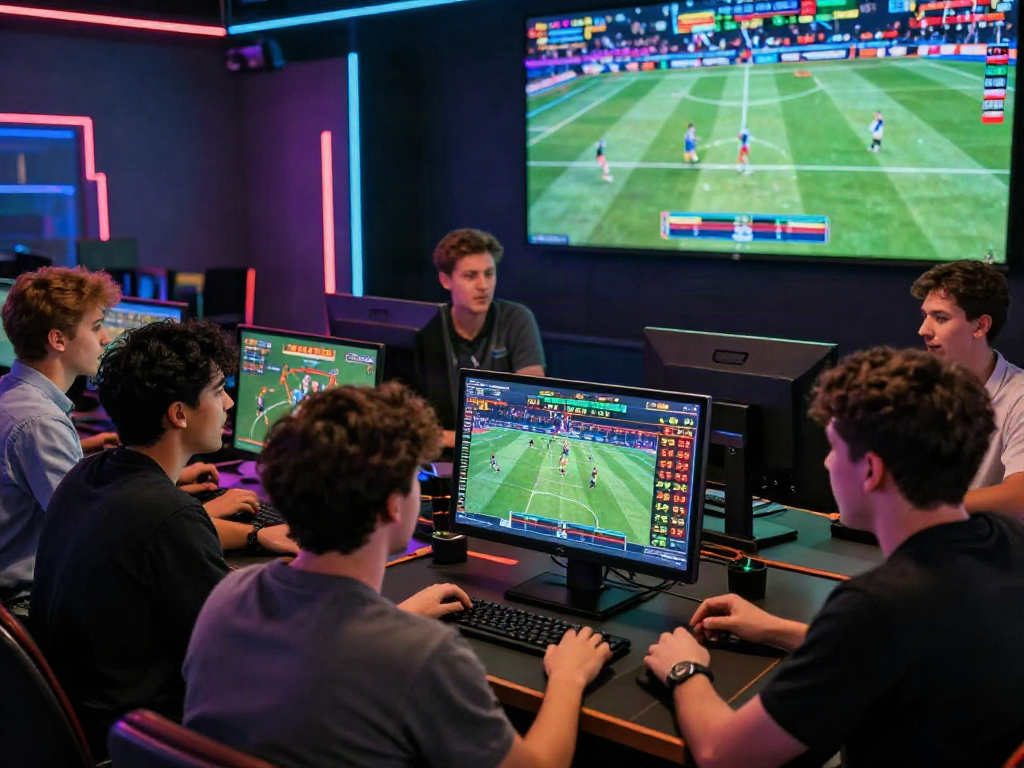 Friends engaged in sports betting at a high-tech gaming lounge, showcasing 토토사이트 검증 먹튀스팟 excitement in modern gambling.