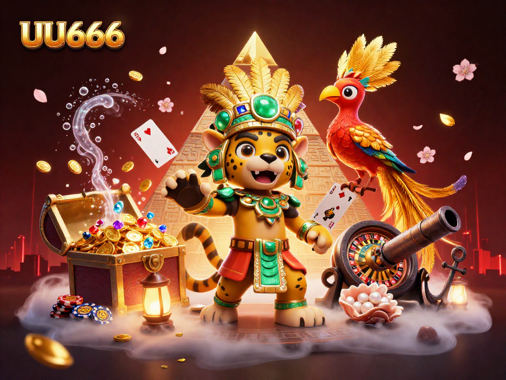 Experience the excitement of UU666 in this vibrant 3D illustration filled with dynamic casino elements.