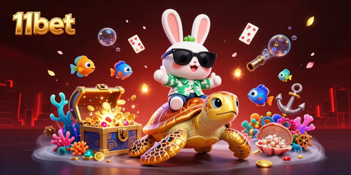 Engage with 11bet's thrilling gaming experience featuring a lucky rabbit and sea turtle in a vibrant underwater scene.