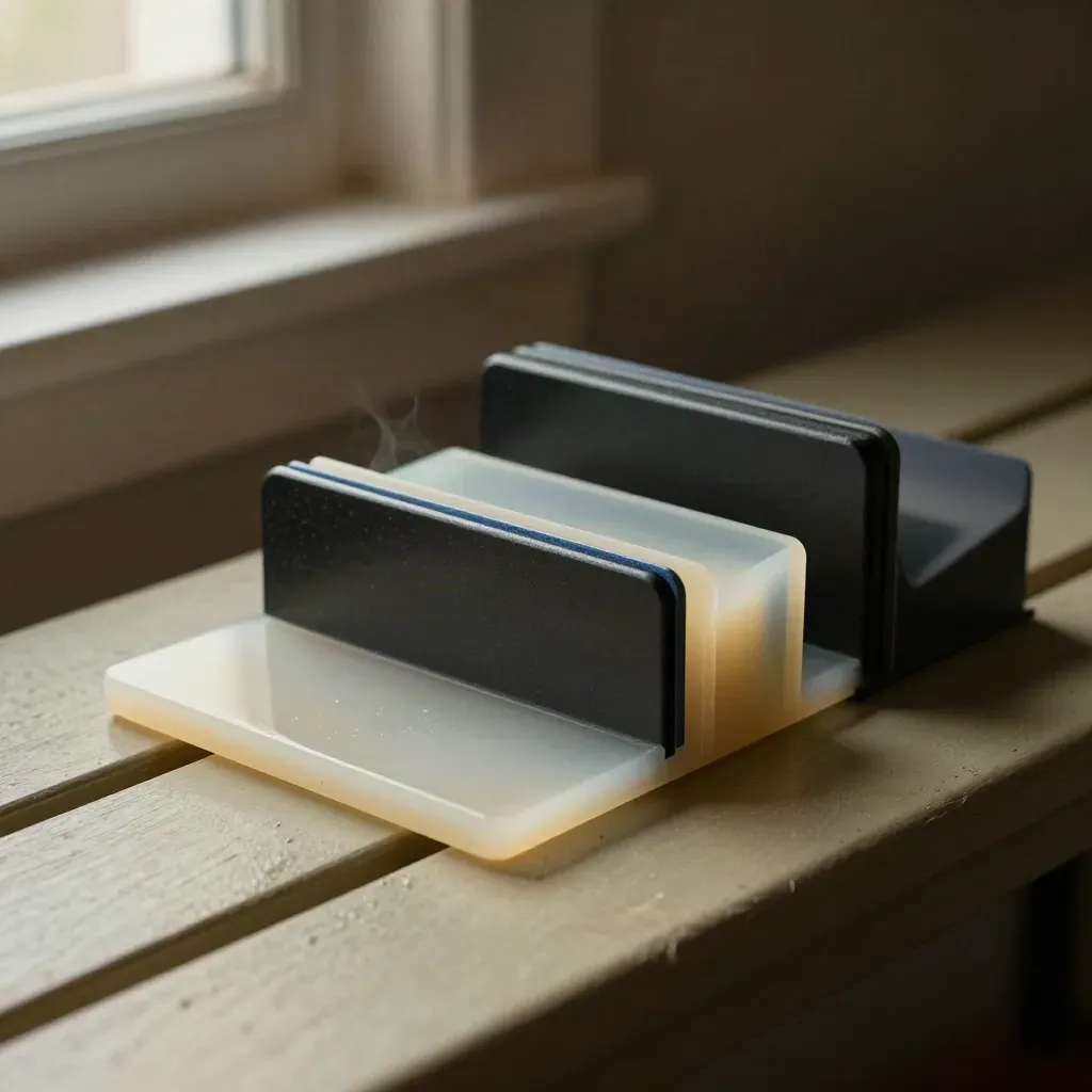 Onboarding support kit in pale resin and matte black, nested in a translucent sleeve on a pale bench.