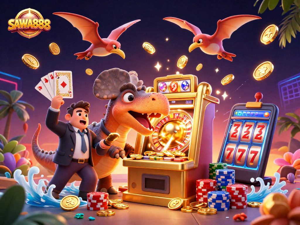 SAWA888 slots action scene with creatures and golden coins celebrating jackpots.