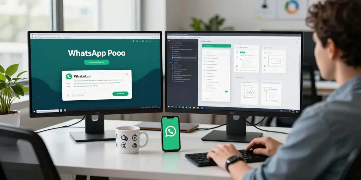 WhatsApp下載 page displayed on a developer's monitor in a modern workspace.