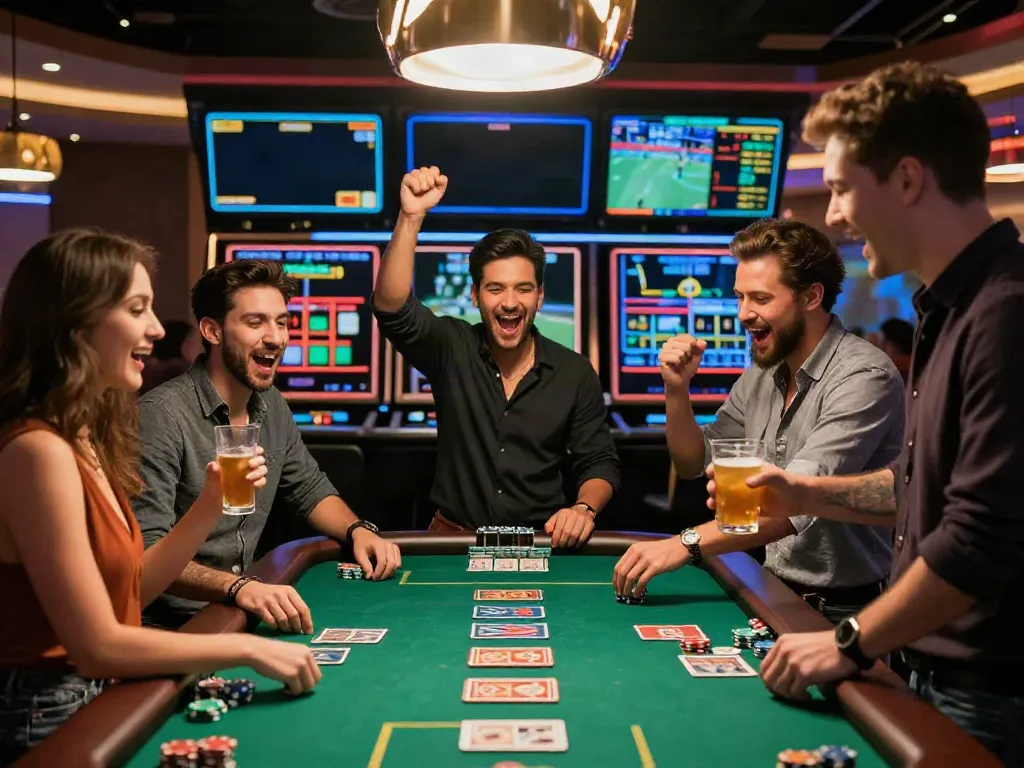 Exciting winning moment at http://sin88-onl.com/ with friends celebrating in a vibrant casino environment.