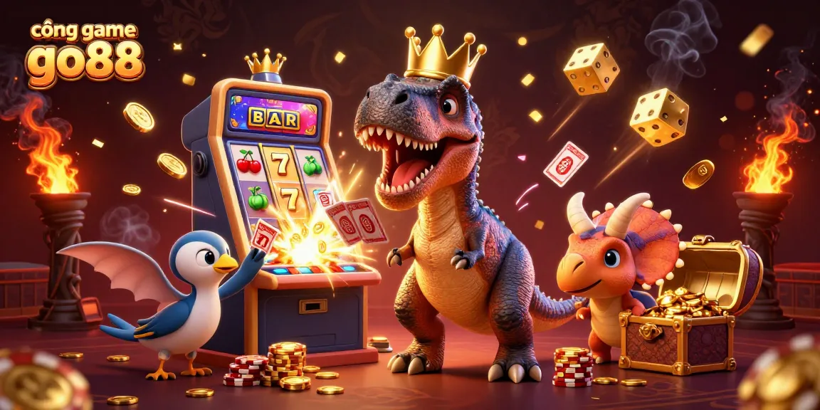 Experience the excitement of cổng game go88 with adorable dinosaurs enjoying slot games and jackpots together.