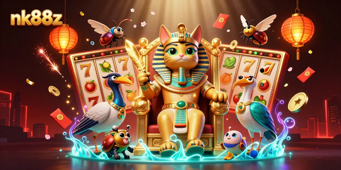 Spin jackpots and win at nk88z with a vibrant, 3D Egyptian-themed casino illustration.