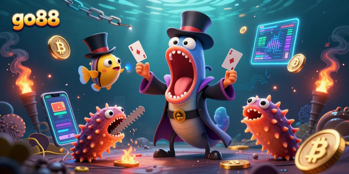 Experience thrilling gameplay with go88 as the cartoon eel performs amazing card tricks underwater.