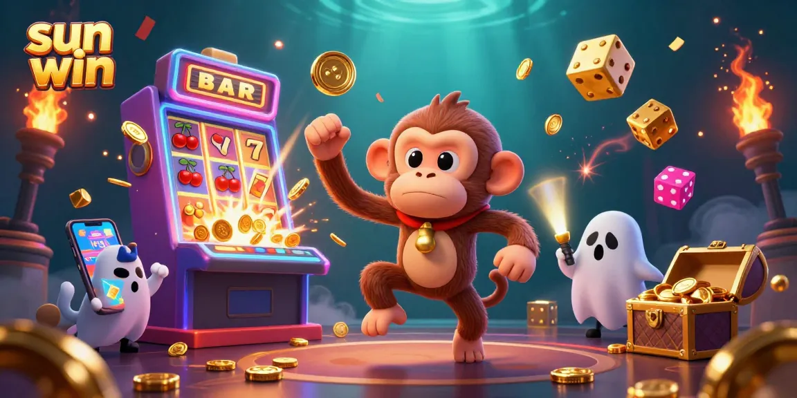Experience exciting gameplay with sun win in a vibrant casino scene showcasing a playful monkey and curious puppy.