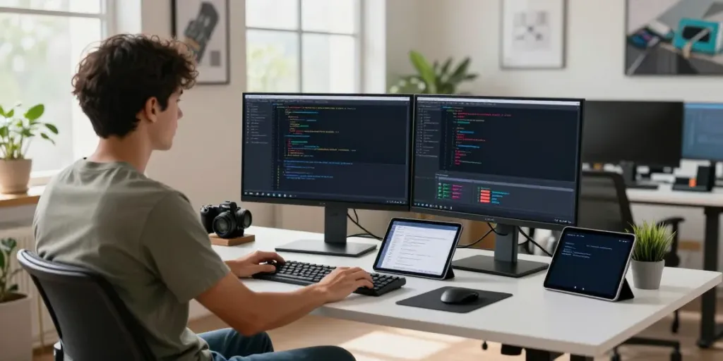 Instant indexing in a modern tech workspace with a developer coding on dual monitors, vibrant with natural light.
