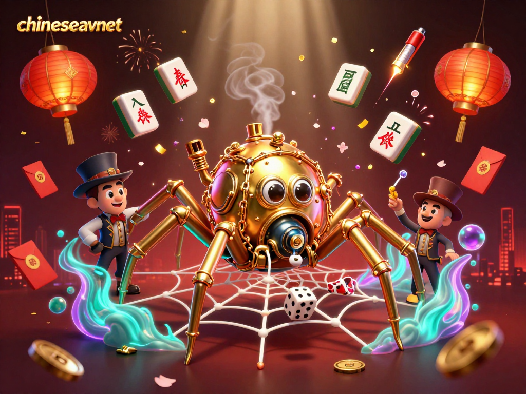 Engage with chineseavnet through a dynamic 3D illustration of a steampunk spider and gaming elements