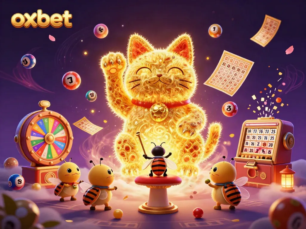 Experience thrilling luck with Oxbet's vibrant casino-themed illustration featuring a lucky cat.
