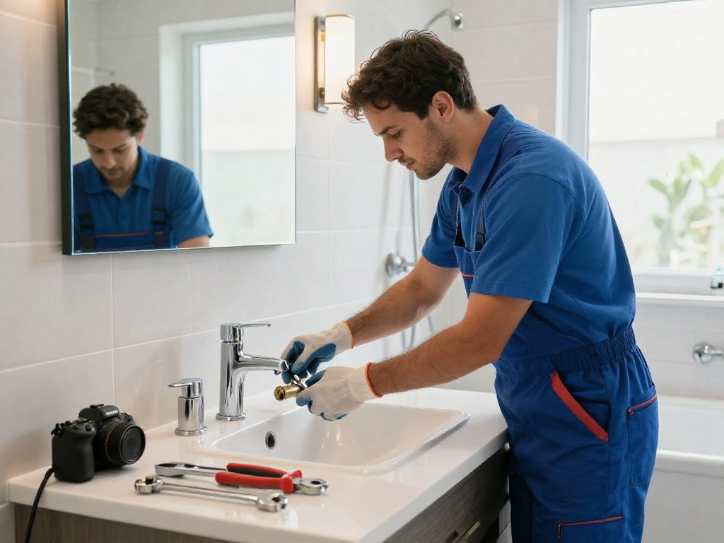 Professional plumber enhancing a stylish bathroom sink in Fort Worth, showcasing expert plumbing service Fort Worth.
