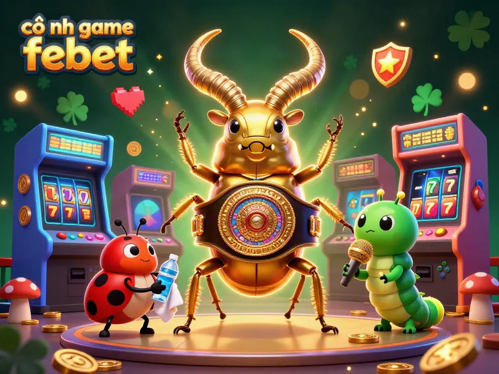 Engage with cổng game febet through exhilarating visuals of a cartoon beetle boxing in a vibrant casino setting.