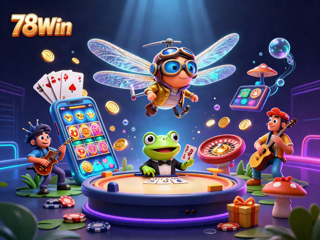 Engage with immersive 78Win casino action featuring a dragonfly pilot and frog croupier in a vibrant gaming scene.