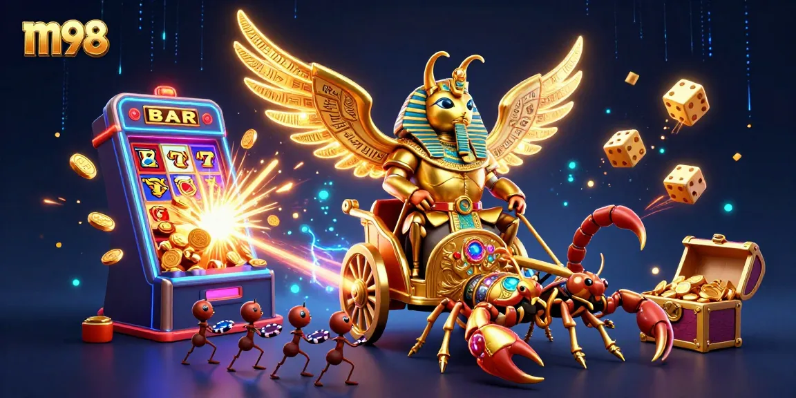 Spin the m98 slot machine jackpot with a golden scarab, scorpions, and poker chip army.