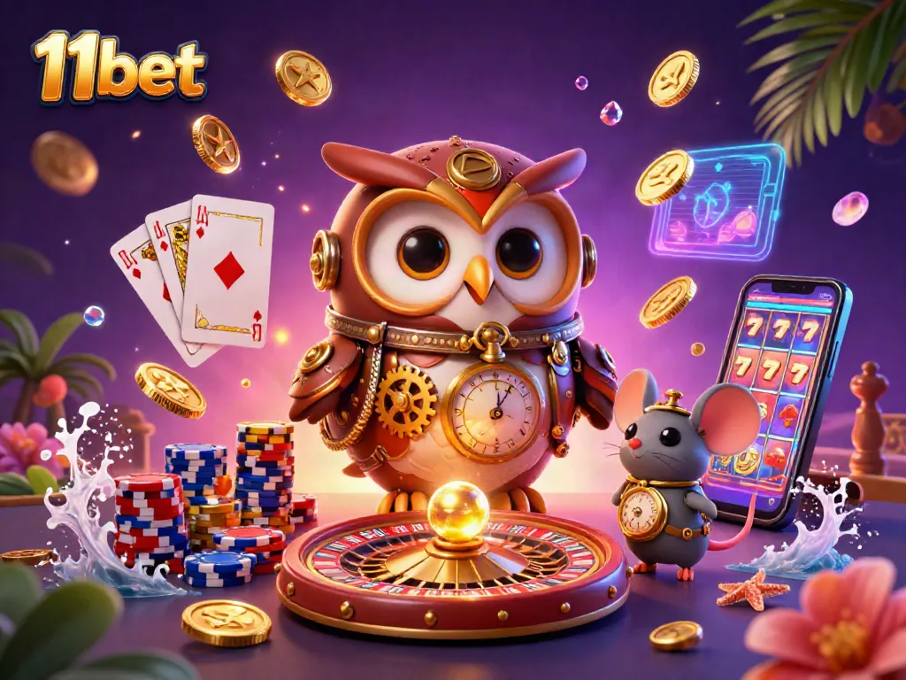 Engage with the thrill of 11bet in this vibrant 3D casino illustration with coins and holographic elements.