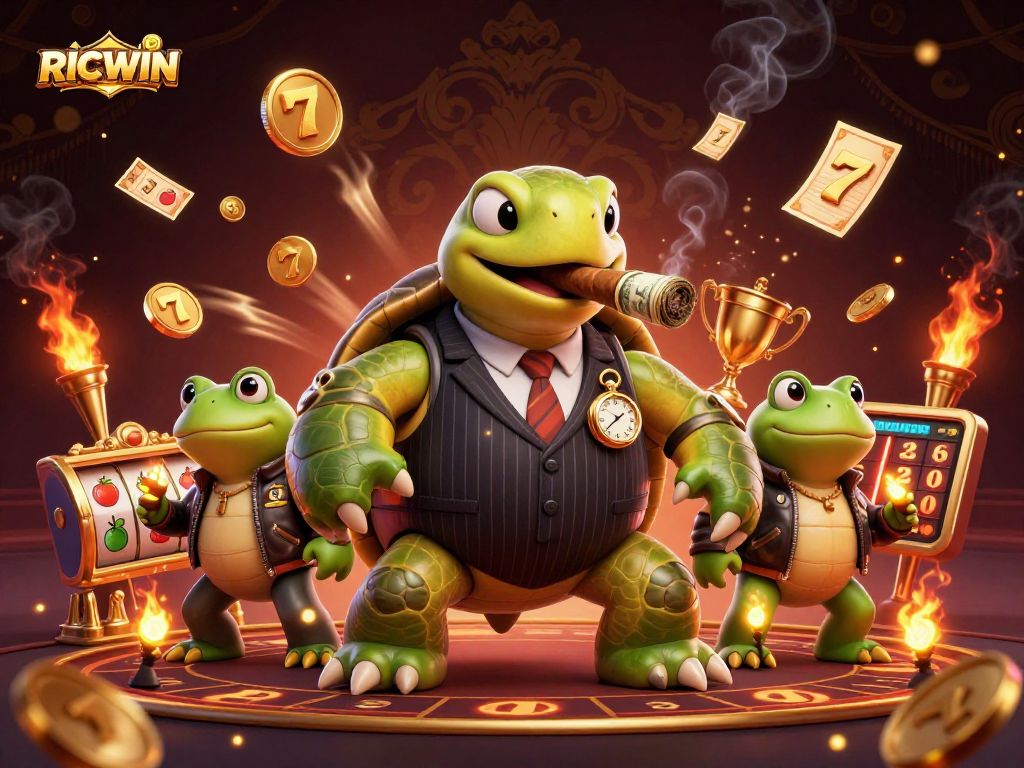 Join the RICWIN action with a lively scene featuring a mobster turtle and slots.