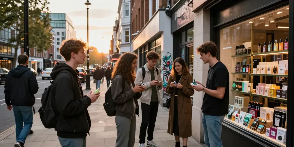 Buy weed online in UK: Young adults exploring cannabis products in a vibrant London street.