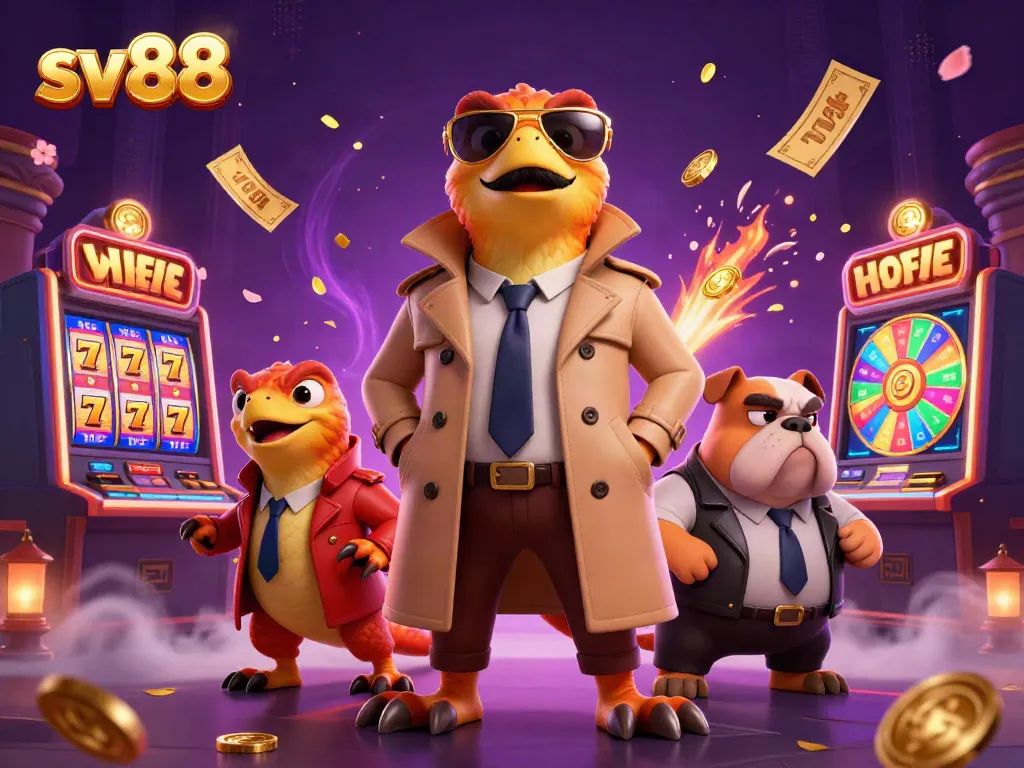 Engage with sv88 in a dynamic casino setting featuring cartoon raptors and vibrant slot elements.
